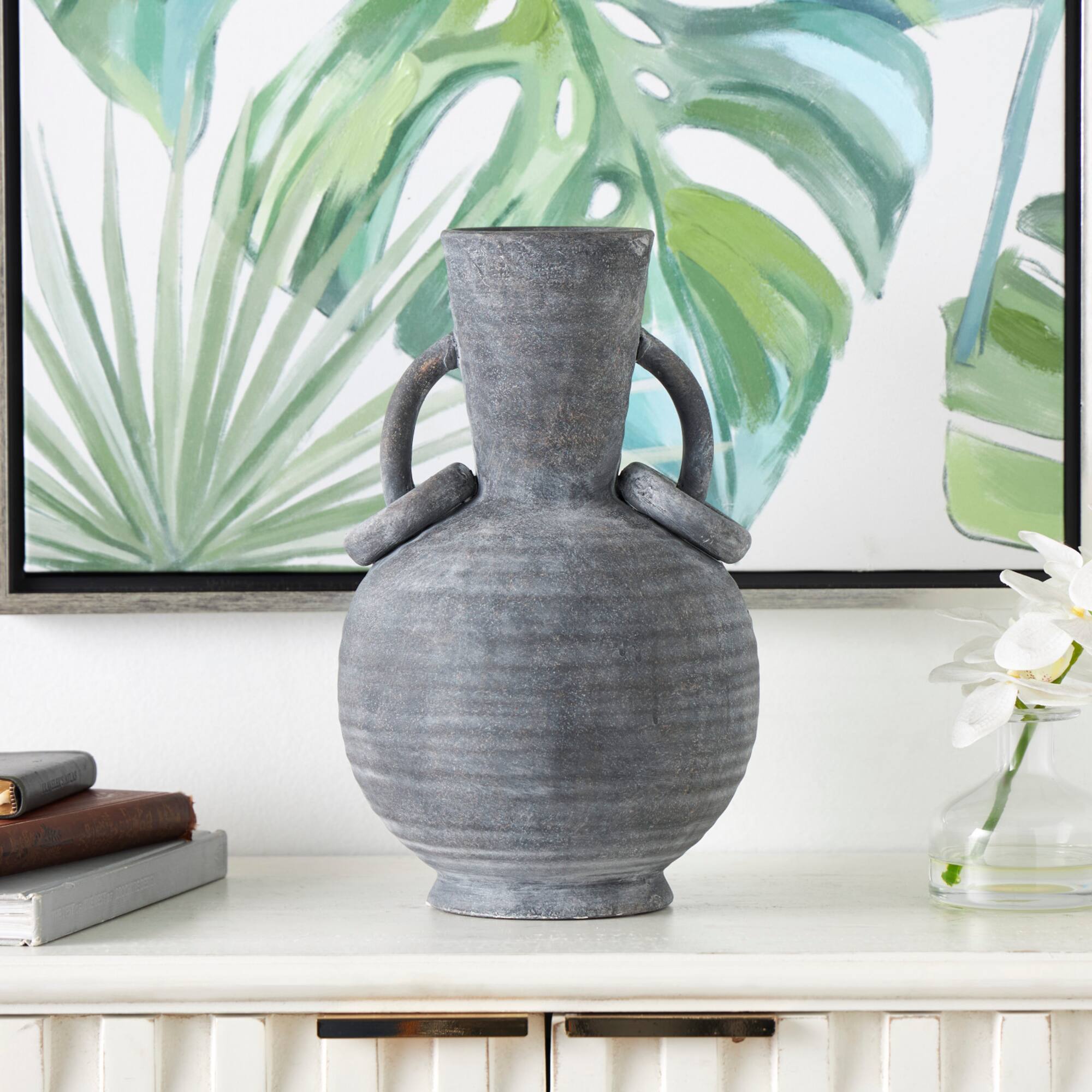 13" Ceramic Textured Vase with Ring Handles